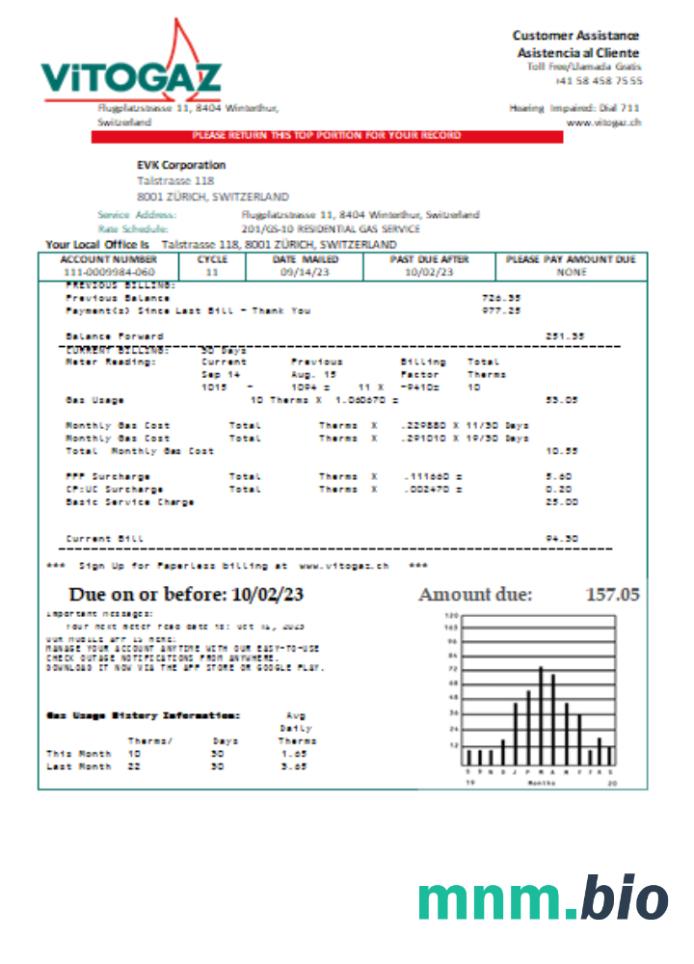 Vitogaz Switzerland AG rachunek za usługi komunalne